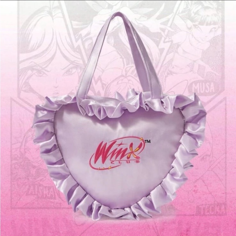 Winx Club Licensed, Embroidered, Ruffle Trim Purple Satin Heart Shaped Bag NWT